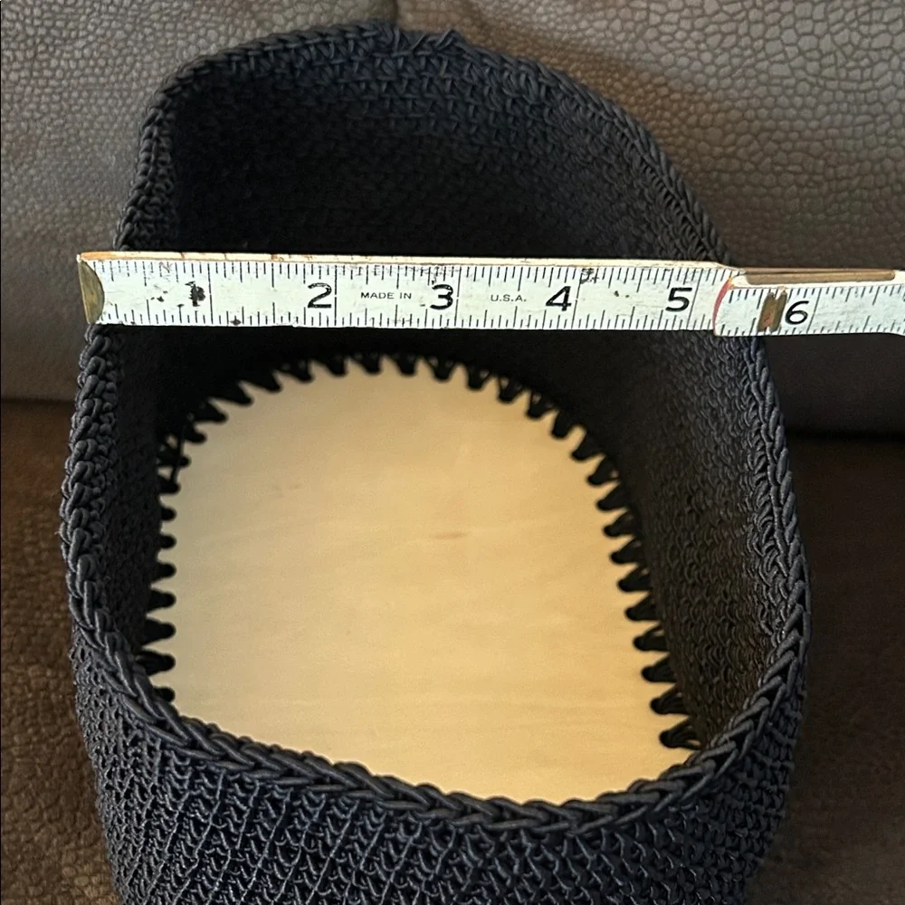 NWT Handmade Black Crocheted Basket with tan wooden bottom